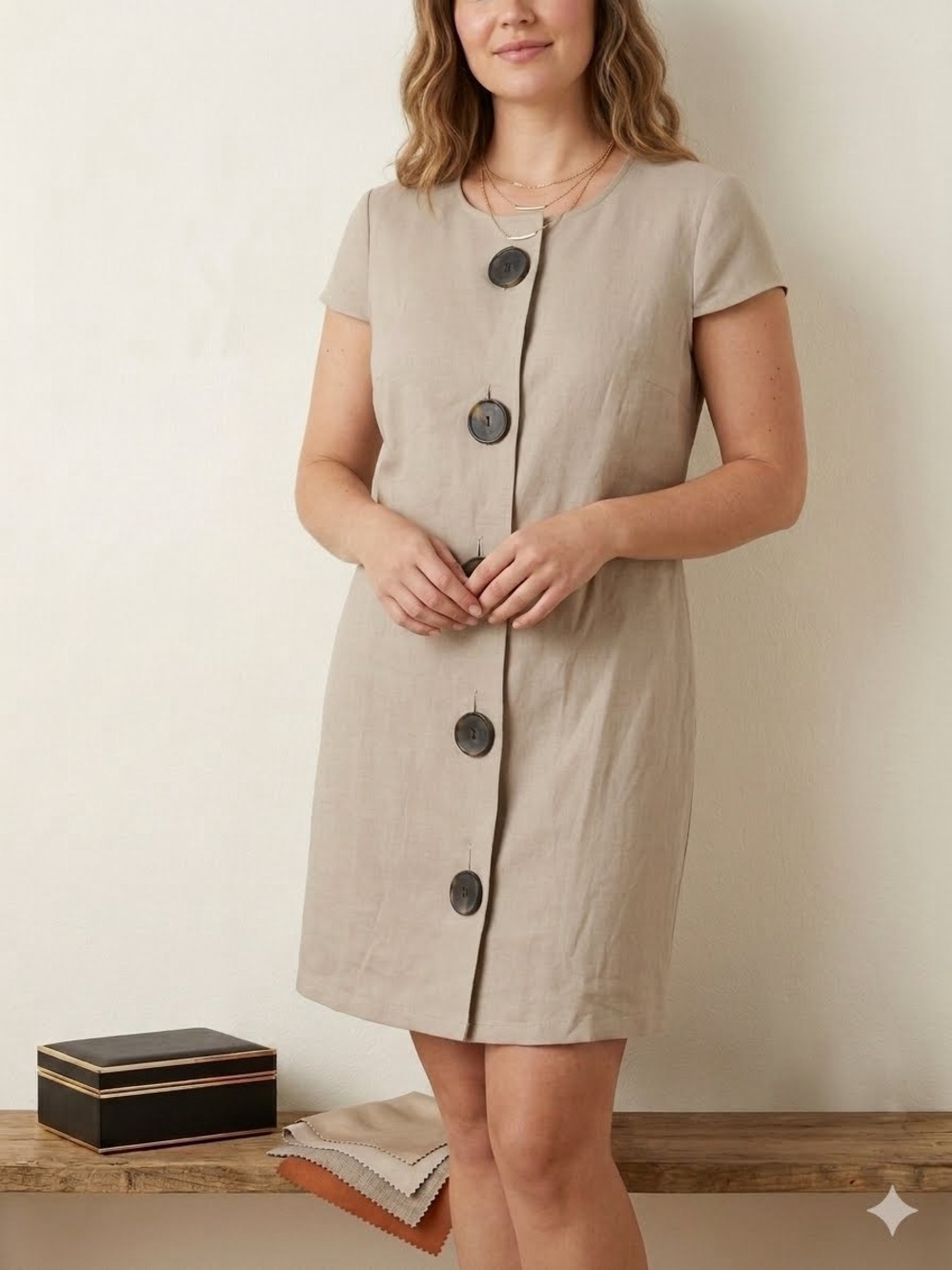 TASH & SOPHIE Linen Blend Lagenlook Dress Buttons Pockets Cap Sleeves Neutral